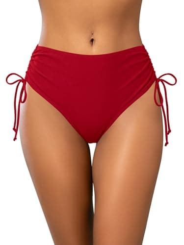 Image of SHEKINI Women's Bikini Bottoms High Waisted Swimsuits Drawstring Side Swimwear Tummy Control Ruched Bathing Suits Bright Red