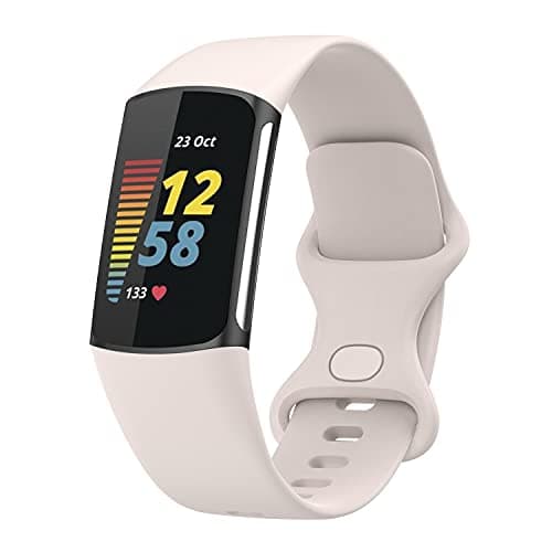 Image of Wownadu Straps Compatible for Fitbit Charge 5 / Charge 6 Strap Men Women,Accessories Sport Silicone Replacement Wristband Lunar White, L (No watch)