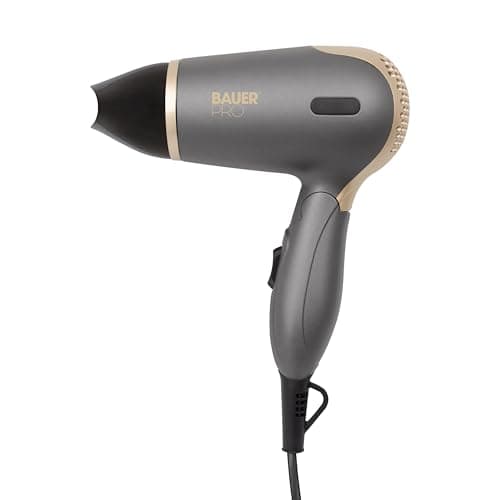 Image of Bauer Professional 39819 TourmaPro Travel Hair Dryer Set/Folding Handle, Carry Case, Hairbrush & Comb / 2 Heat & Speed Settings/Dual Voltage/Grey & Gold