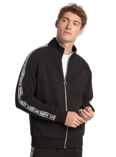 Image of Michael Kors Men's Logo Tape Cotton Blend Zip-up Hoodie, Black, Medium