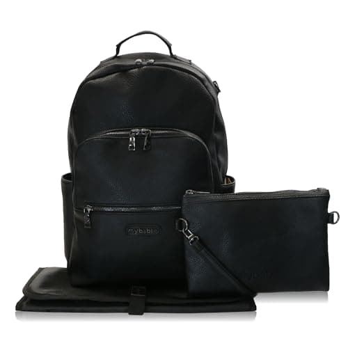 Image of My Babiie Backpack Pro Changing Bag - 2 Insulated Bottle Holders, Clutch Bag, Portable Changing Mat, Stroller Clips, Baby Travel Bag, Nappy Back Pack, Vegan Leather - Black & Gunmetal