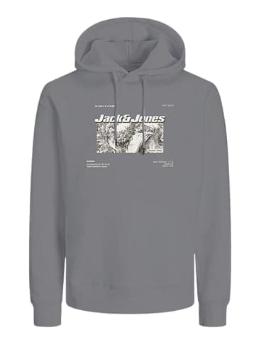 Image of JACK & JONES Mens Graphic Print Hoodie, Pullover with Drawstring Hood & Long Sleeves Sweatshirt for Men, Gray Flannel Colour, UK Size XL