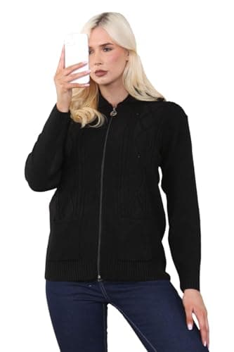 Image of Candid Styles Womens Zipped Cable Knit Long Sleeve Zip Through Fasten Jumper Top Ladies Classic Knitwear Zipper Cardigan Pullover (Black, 10-12)