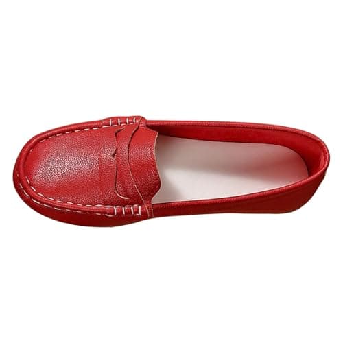 Image of UK 4.5 Loafers Shoes for Women Wide Fit Comfy Loafers Soft Leather Slip on Flat Boat Driving Moccasins Casual Comfort Comfortable Office Fashion Work Walking Nursing Shoes Red Footwear