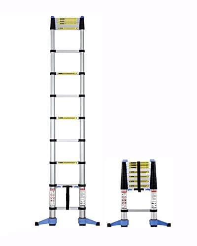 Image of Telescopic Ladder 3.2m SOFT CLOSE Tall Extendable Step Ladder 11 Tread Compact Design Folding Stabiliser Bar And Wall Stand Offs Aluminium 150 kg Capacity Silver/Black EN131-6
