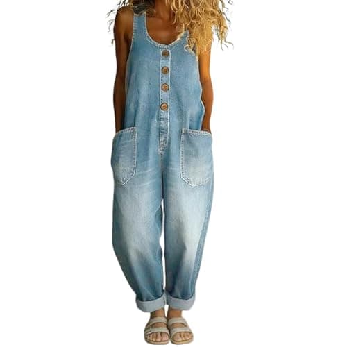 Image of Women's Vintage Denim Jean Overalls Regular-Fit Stretch Straight Leg Roll-Up Baggy Bib Dungarees Washed Cotton Button Front Sleeveless Jeans Coveralls with Pockets for Women UK