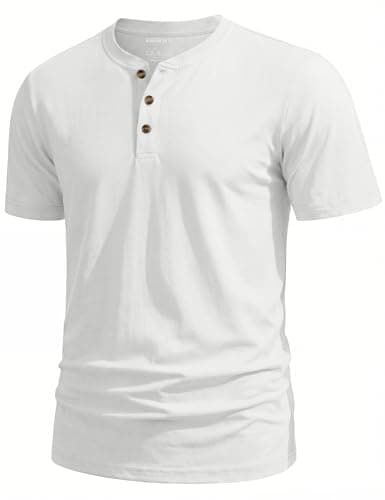 Image of TACVASEN Mens Cotton T Shirts Classic Button Crew Neck Grandad Tops Breathable Moisture Wicking Summer Shirts for Men UK White L