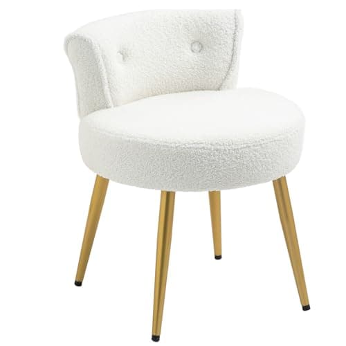 Image of Warmiehomy Vanity Chair White Teddy Velvet Dressing Table Stool Chair for Dressing Room, Bedroom, Living Room, Teddy Velvet, with Gold Legs and Tufted Back