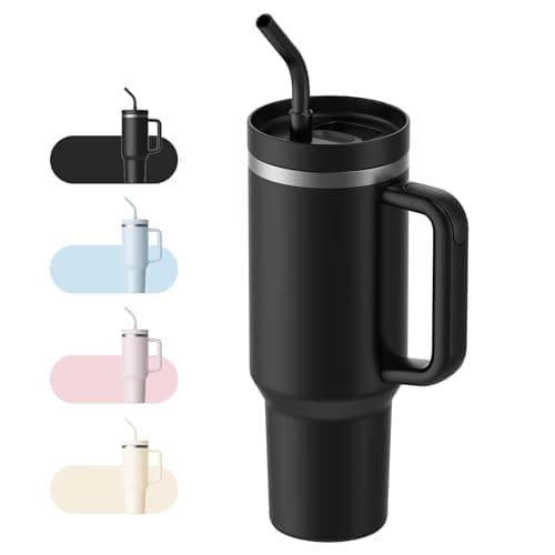 Image of LEIKEEGO Travel Mug Coffee Cup, 1200ml/40oz Tumbler with Straw and Lid, Stainless Steel Double Wall Vacuum Insulated Coffee Cup with Handle-Keeps Cold for 24H-Hot for 12H(Black)