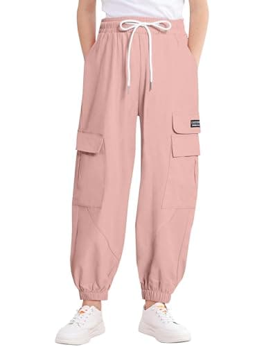 Image of JiAmy Girls Cargo Pants Y2K Streetwear Parachute Joggers with Multi Pockets High Waist Cotton Baggy Hip Hop Dance Trousers Kids 150,Pink