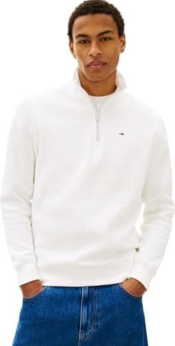 Image of Tommy Jeans Men's TJM Reg Fleece 1/4Zip Mock Neck DM0DM20339 Half Zip Sweatshirt, White (Ecru), XL