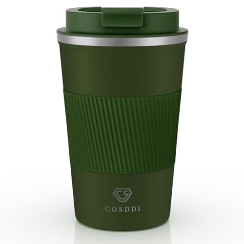 Image of CS COSDDI Travel Mugs, Insulated Coffee Cup with Leakproof Lid - Reusable Coffee Cups Travel - Car Coffee Cup - Stainless Steel Coffee Mug for Hot and Cold Water and Tea (Green-A, 380 ml)