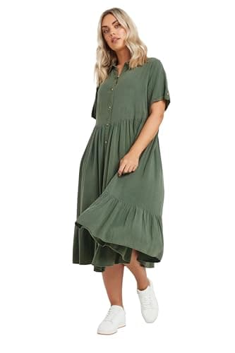 Image of Yours Curve Green Tiered Maxi Chambray Shirt Dress - Women's - Plus Size Curve