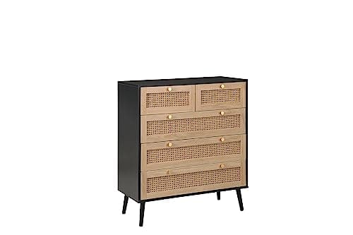 Image of Uniquewise Furniture CROXLEY 5 Drawer Rattan Chest – Oak/Walnut/Black Bedroom Chest of Drawers with Natural Rattan Detail, Gold Handles & Spacious Storage (BLACK)