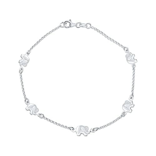 Image of Bling Jewelry ZOO Animal Lucky Slender 5 Station Multi Charm Linked Elephants Anklet Foot Ankle Bracelet For Women .925 Sterling Silver 10 Inch