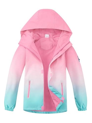 Image of SERENYOU Girls Rain Jackets Waterproof Hooded Raincoats Fleece Lined Windbreaker with Compass 9-10 Years/Size 140 Pink