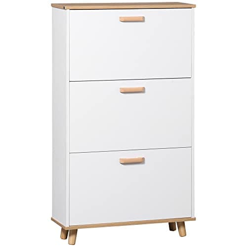 Image of HOMCOM Narrow Shoe Cabinet, Slim Shoe Storage Cabinet with 3 Flip Drawers and Adjustable Shelves, 12 Pair of Shoes Organizer for Hallway, Entryway, White