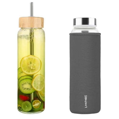 Image of LOOFORE 1000ml / 32oz Glass Water Bottle with Straw - Water Bottle 1L with 2 Lids (Bamboo & Stainless Steel Lid), Stainless Steel Straw & Neoprene Sleeve for Fitness, Sports & Workout, 1 Pack