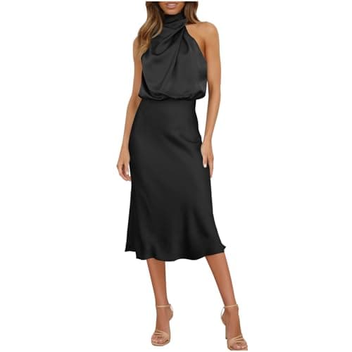 Image of Zeiayuas Party Dress for Women UK Elegant Sleeveless Party Cocktail Midi Dresses Ladies Satin Silk Halter Neck Bridesmaid Dress Wrap Bodycon Evening Prom Office Work Formal Dresses Black