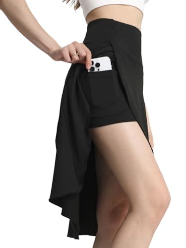 Image of Bezioner Women's Skirt with Shorts High Waist Athletic Skort with Pockets Midi Length Flowy Skirt with Slit Ruffle Hem Black L