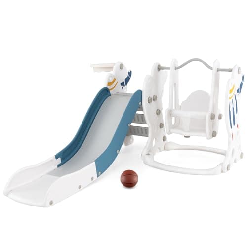 Image of COSTWAY 4 in 1 Toddler Slide and Swing Set, Kids Climber Playset with Basketball Hoop and Ball, Children Activity Center for Indoor Outdoor