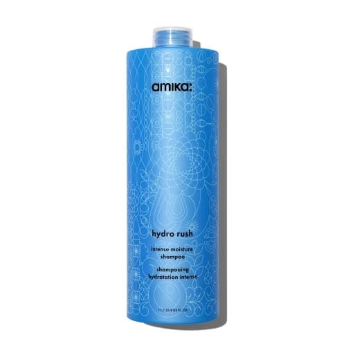 Image of amika hydro rush intense moisture shampoo - hydrating hair care for dry + textured hair - silicone + sulfate free shampoo with hyaluronic acid + squalane - provides long-lasting hydration (1000 ml)