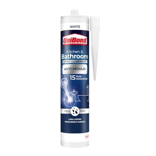 Image of UniBond Kitchen & Bathroom Anti-Mould Silicone Sealant, Waterproof, Long-Lasting Flexible Sealant for Baths, Sinks, Showers & Tiles, Professional-Grade Sanitary Silicone, White, 300ml