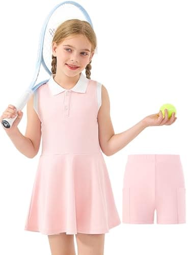 Image of GroYolan Girls Tennis Dress with Shorts Pockets Sleeveless Golf Outfit Athletic Dress for Sports Workout 5-15 Years Pink