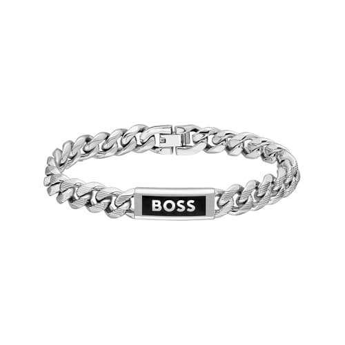 Image of BOSS Jewelry Men's KASSY EMBLEM Collection Chain Bracelet in Stainless Steel with a Black Enamel Plaque - 1580679M