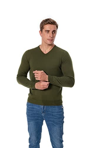 Image of WOSICA Men's 100% Extrafine Merino Wool Knited Long Sleeve Pullover with V-Neck (Olive M)