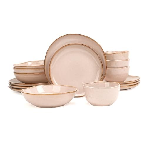 Image of Home VSS Highland 16pc Dinnerware Set, Unique Organic Shape Double Bowl， Stoneware Plate & Bowl Dish Set Service for 4, Scratch Resistant, Microwave & Dishwasher Safe, Natural Reactive Glaze, Pink