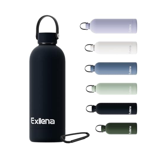 Image of Exllena 500ml Water Bottles Metal with Handle Lid and Carabiner, Double Wall Vacuum Drinks Bottle Keeps Drinks Cold 24 Hrs/Hot 12 Hrs, Stainless Steel Water Bottle BPA Free(Black)