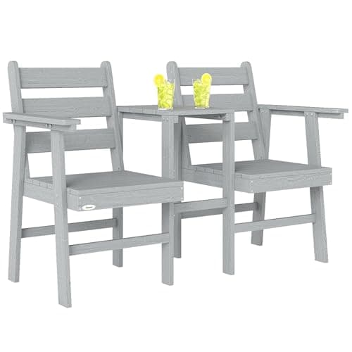 Image of Outsunny Garden Loveseat, 2 Seater Jack and Jill Garden Seat with Built-in Table, Embossed Wooden Love Seat Garden Furniture Companion Seat for Patio, Porch, Balcony, Grey