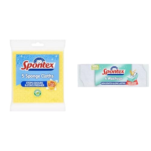 Image of Spontex Sponge Cloths, 5 Count (Pack of 1) & Washups Non Scratch Sponge Scourers, Pack of 4