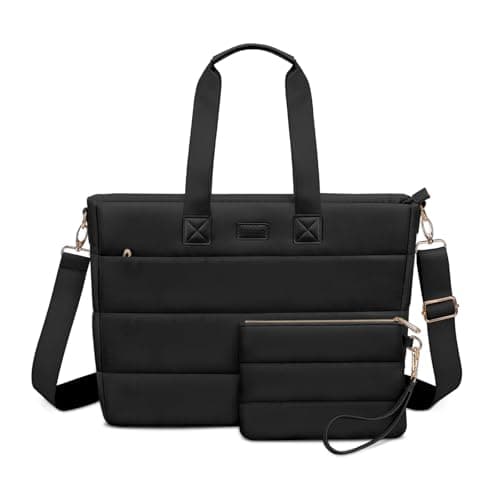 Image of MOSISO Tote Bag for Women, 15-15.6 inch Puffy Laptop Tote Bag with Zipper, 16 inch Casual Large Shoulder Handbag for Travel Work with Purse, Black