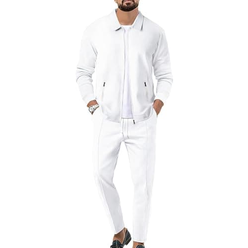 Image of aromm Men's Waffle Tracksuits Zip up Jacket Top & Jogging Trouser 2pcs Sweatsuit Set White for Casual Sport Workout Business, M
