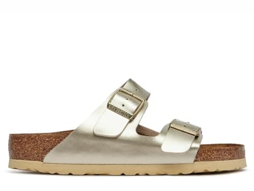Image of Birkenstock Arizona 1014840 (Reg) Girls Birko-Flor Two Strap Sandals Electric Metallic Gold UK 37