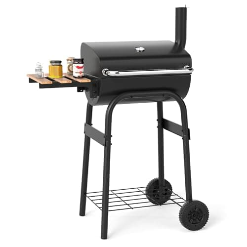 Image of TANGZON Charcoal Barbecue Grill, Barrel Drum BBQ Trolley with Temperature Gauge, Adjustable Vent, Grid Shelf & Wheels, Powder Coated Steel Outdoor Portable Smoker (with Folding Side Table)