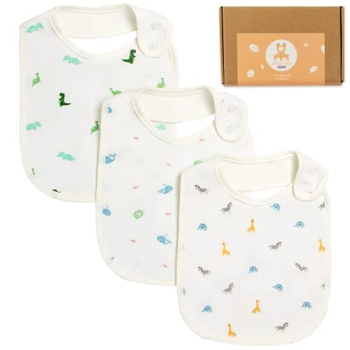 Image of Snuggle Safari Baby Care 3 Pack Bamboo Baby Bibs - Soft, Absorbent, Waterproof, Adjustable, Animal Pattern Bibs for Babies - Newborn Essentials, Baby Shower Gifts, Unisex, White