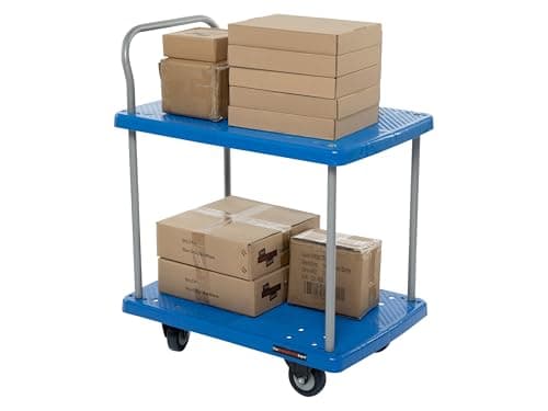 Image of Plastic Platform Trolley, 2 Tier Blue Heavy Duty Cart on Wheels with Handle for Office & Industrial (880(H) x 715(W) x 480(D) mm)