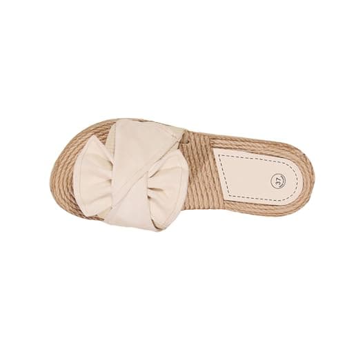 Image of Women's Bow Sliders UK Sale, Home Linen Slides Wide Fit Stretch Shoes Ladies Flat Sandals Beach Slides Slippers Non-Slip Lightweight Open-toe Shower Shoes Casual Comfy Slider Bohemian Walking Sandal