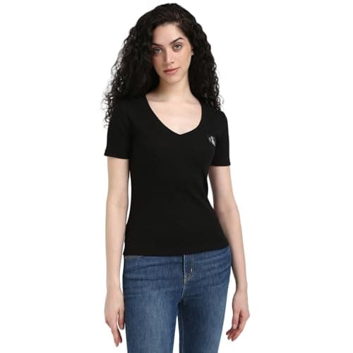 Image of Calvin Klein Jeans Women's Woven Label Ribbed Short Sleeve V-Neck T-Shirt, Black (Ck Black), XXS