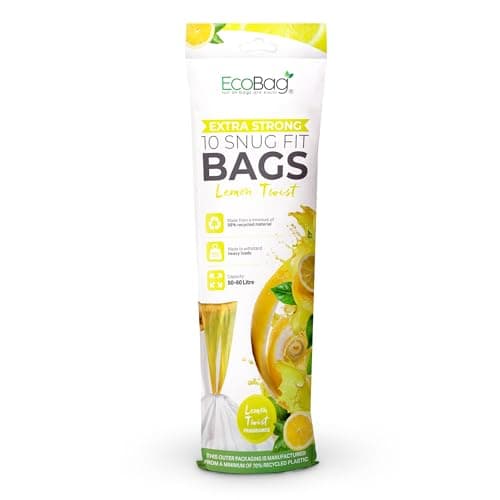 Image of EcoBag - 10 Pack Lemon Scented Kitchen Drawstring Bin Liner - 60L - 28 Microns - Heavy Duty, Extra Strong, Brabantia Compatible, Tear Resistant, Fresh Smell (465 x 750mm)