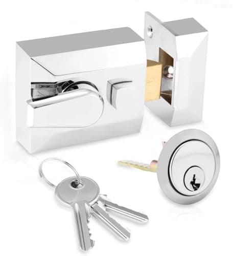 Image of Narrow Deadlocking Night Latch 40mm, Complete with Rim Cylinder and 3 Keys, Elegant Satin Chrome Nightlatch, External Door Lock for Front Door (Satin Chrome, 40mm)