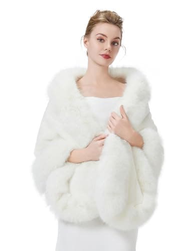 Image of BEAUTELICATE Faux Fur Wrap Shawl Women’s Long Cape Bridal Shrug for Winter Wedding Evening (5 Colors), , Ivory