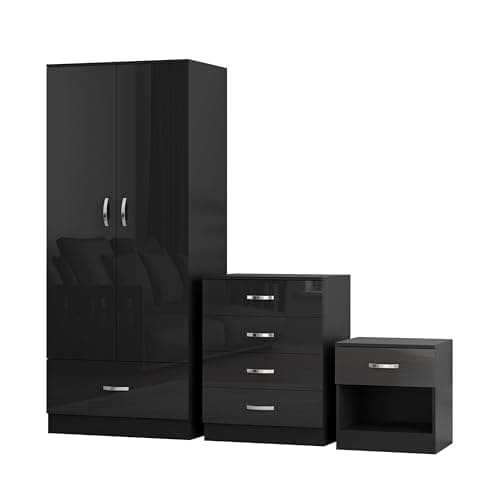 Image of Nera Gloss Black 3 Piece Bedroom Furniture Set 2 Door Wardrobe with Drawer Chest of Drawers & Bedside Table Bedroom Set