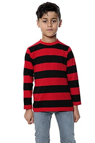 Image of WickedFun® Kids Unisex Long Sleeved Stripe Crew Neck T-Shirt Boys Girls Casual Striped T-Shirts Ages 5-13 Years (Red & Black, 11-12 Years)