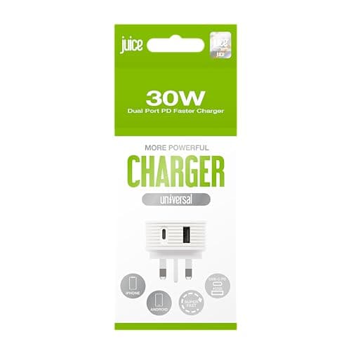 Image of Juice 30W Dual Port Fast Charger Plug USB-A & USB-C, Fast Charge Smartphones and Tablets, Power Delivery, Compact Design with Sure Grip Technology