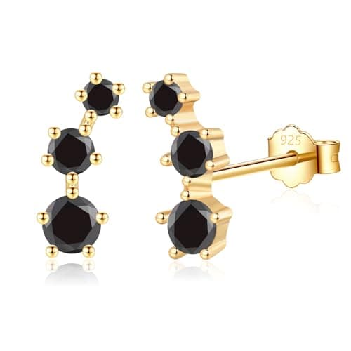 Image of CERSLIMO Gold Stud Earrings for Women Girls - Mini Climber Earring with 3 Cubic Zirconia | S925 Sterling Silver Earrings, Hypoallergenic Gold Earrings Jewellery, Black
