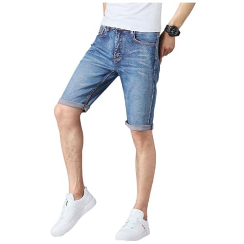 Image of Stylo Online Mens Original 100% Cotton Denim Stretch Shorts Slim Fit Plain Heavy Duty Wash Boys Half Jeans Classic Designer Summer Casual Zip Fly Belt Loop Jean Pants (Light Blue, 32)